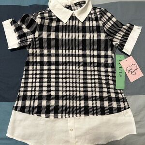 Black and White Plaid Faux Twofer Button Up